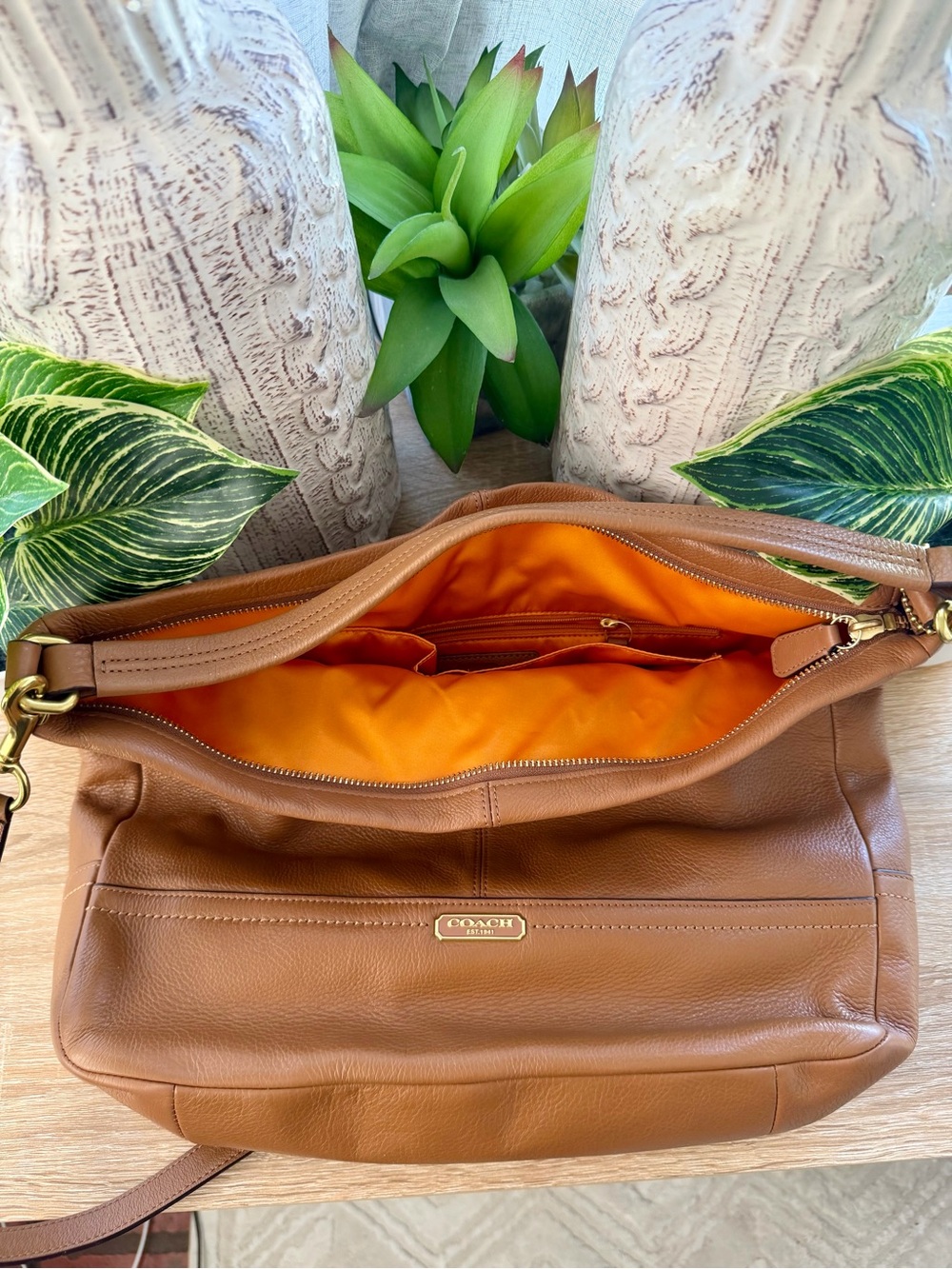 Coach Brown Leather Shoulder Bag with Orange Interior